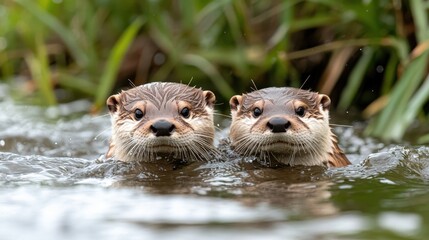 Fototapeta premium Two Otters Swimming in River, Wildlife Photo