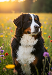 Bernese Mountain Dog in a Field of Flowers