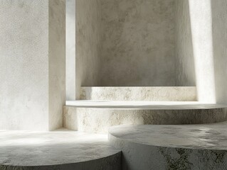 Modern, light-filled interior design, featuring sculpted concrete forms.