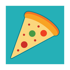 Delicious slice of pizza with colorful pepperoni in a vibrant teal square background