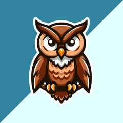 Fototapeta premium Owl mascot character vector illustration for cartoon logo, animal symbol, wildlife icon, cute bird design, modern isolated clipart, adorable creative art for hunting education fantasy night