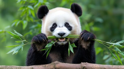 Obraz premium Adorable Panda Cub Eating Bamboo