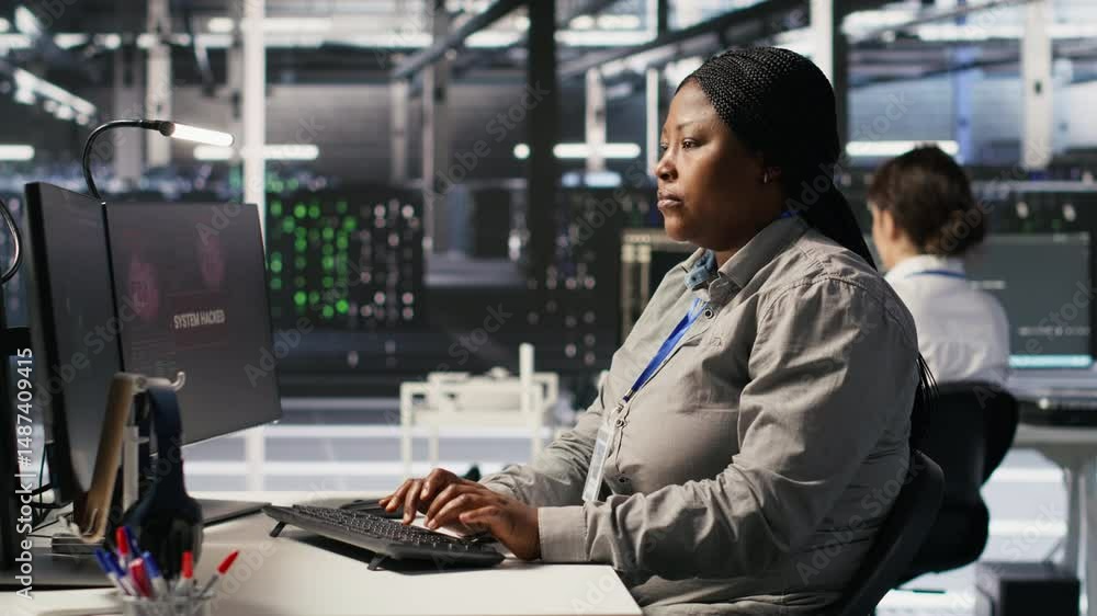 Poster scared data center technicians reacting to virus warning on pc display, scrambling to launch emergen