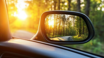 Soft golden sunrise reflected in a rearview mirror while driving through a forested area