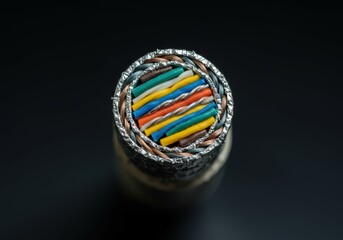 Naklejka premium Closeup of a multi-colored wire cable cross-section, revealing intricate internal structure and design details.
