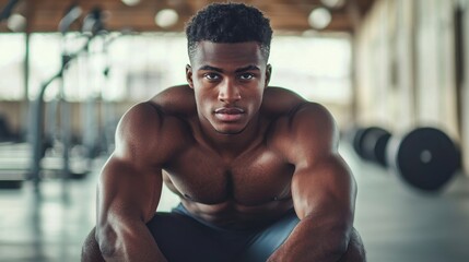 Fototapeta premium A muscular man with a muscular build, wearing a black tank top, sitting in a gym with a barbell behind him.