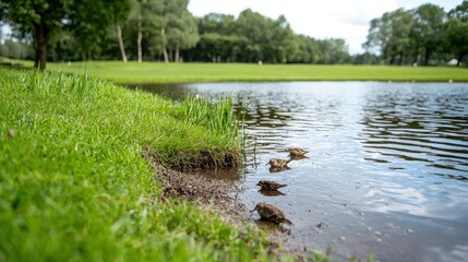 Obraz premium Birds Bathing in Peaceful Pond, Green Park
