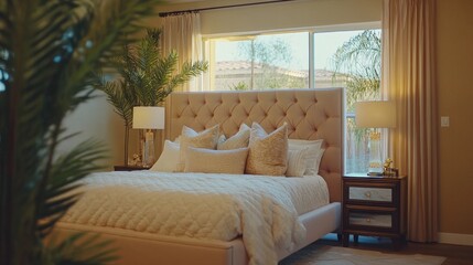 Cozy bedroom with light pink tufted headboard, decorative pillows, nightstand lamp, green plant, soft beige curtains, and warm lighting