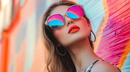 Stylish young woman with mirrored sunglasses and bright lipstick standing near colorful street art
