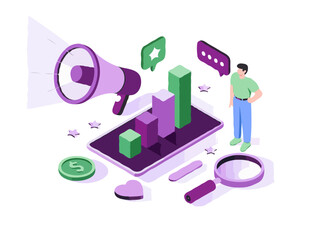 Isometric Digital Marketing and Analytics Illustration – Megaphone, Tablet with Bar Graphs, Magnifying Glass, 3D Vector in Purple and Green
