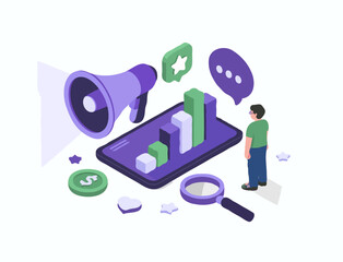 Isometric Digital Marketing and Analytics Illustration – Megaphone, Tablet with Bar Graphs, Magnifying Glass, 3D Vector in Purple and Green