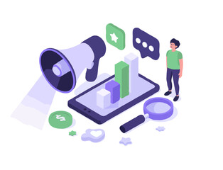 Isometric Digital Marketing and Analytics Illustration – Megaphone, Tablet with Bar Graphs, Magnifying Glass, 3D Vector in Purple and Green