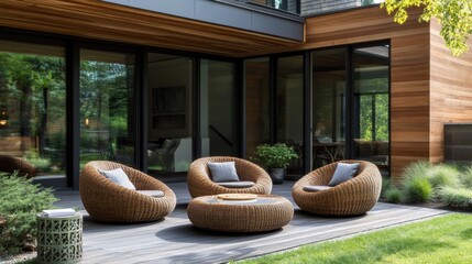 Cozy outdoor seating with four woven rattan chairs around circular table, modern home with wooden siding, large windows,greenery, covered porch, and decorative side table