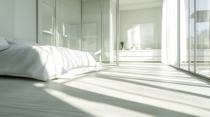 glass partitioned bedroom in a luxury modern interior, bright daylight casting soft shadows across the floor