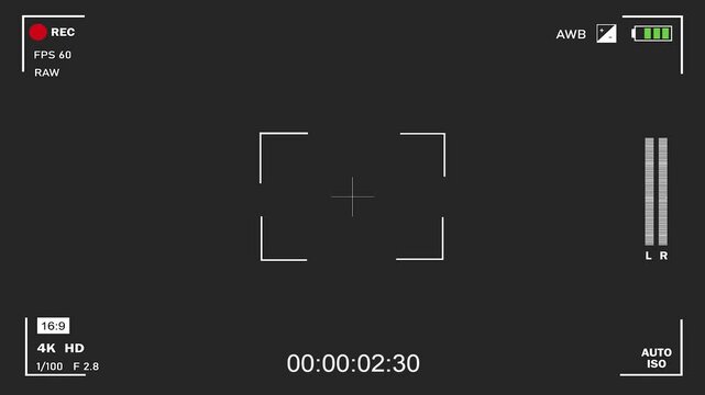 Camera viewfinder. Viewfinder camera recording. Video screen, camera frame vector template. Black lines and text, rec icon with information and timing on black background.