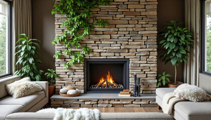 Modern Living Room with Stone Fireplace and Green Plants