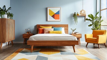 Modern bedroom with light blue walls, wooden bed, colorful pillows, yellow armchair, geometric rug, accent artwork, wooden shelf, woven light fixture, and plants