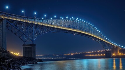 Naklejka premium Illuminated bridge spanning a waterway at night