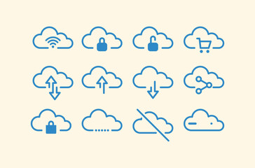 Cloud service and network related line icons. Database and online storage vector linear icon set.