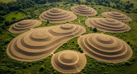 Aerial view of land art with concentric circles