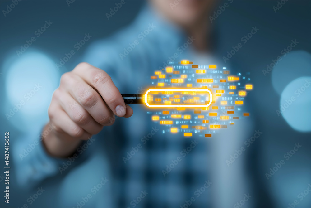 Poster a person points at a glowing digital search bar with floating data icons, representing online search