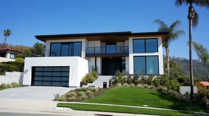 Modern two-story house with white design, dark sloped roof, balcony above entrance, large windows, garage on the left, and ornamental grass lawn against a clear blue sky backdrop