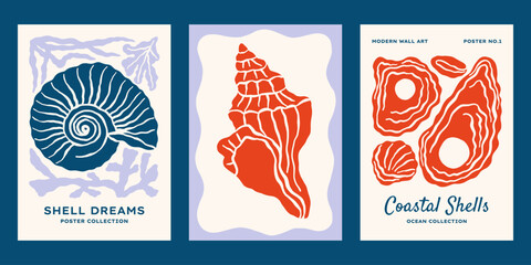 Underwater ocean shells vector posters set. Minimalist retro print designs with seashells illustrations