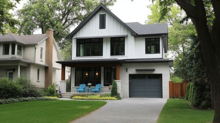 Modern two-story house with white vertical siding and stone accents, dark gray sloped roof, large windows, 