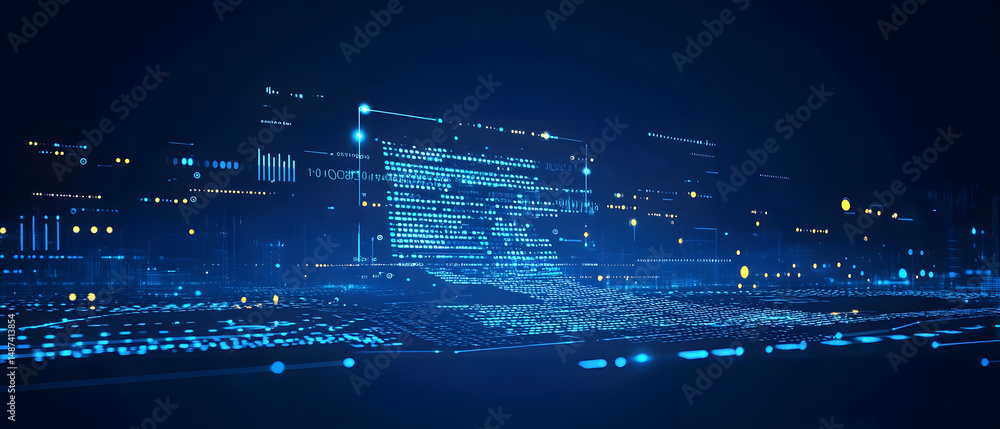 Poster a flat vector illustration of a coding concept, deep blue theme, technology background, code snippet