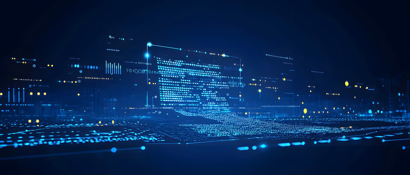 A flat vector illustration of a coding concept, deep blue theme, technology background, code snippets flowing across, binary codes integrated into the design, subtle glow effects, dark blue tones