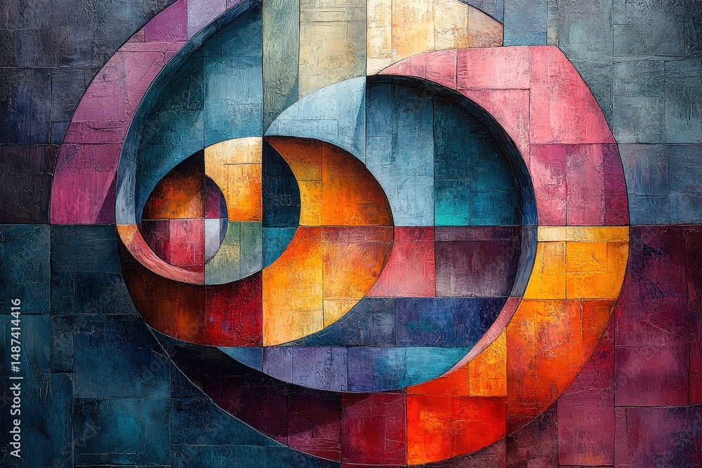 Poster exploring the abstract representation of economic cycles through vibrant colors and forms reflecting