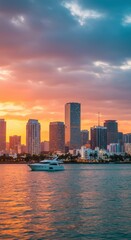 Obraz premium Miami Skyline Sunset: A Yacht Cruise at Dusk
