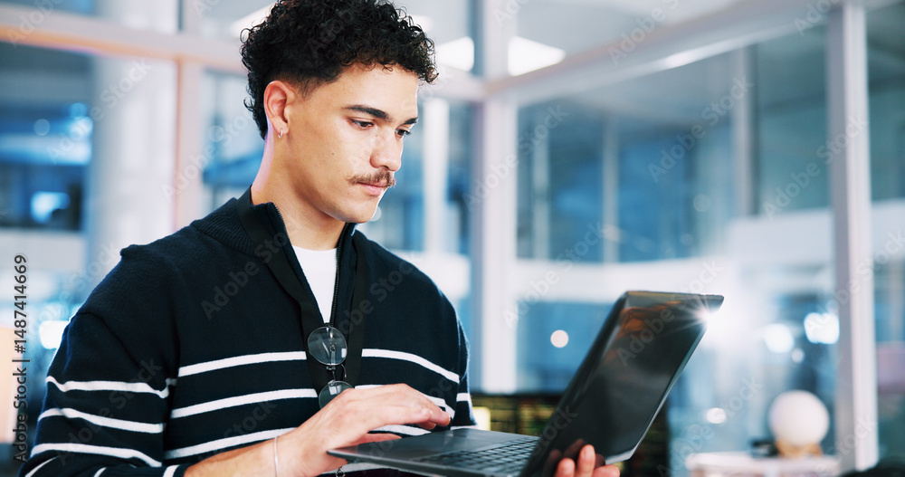 Poster Business, coding and man with programming, laptop and software update with app testing. Person, info tech and professional in office, pc and programmer with AI expert, research and cyber security