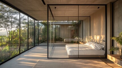 glass-enclosed bedroom in a modern interior with clean lines, natural daylight creating crisp interior shadows