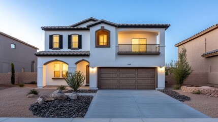 Stylish two-story home blending white and wood, featuring a large garage, balcony, and low-maintenance landscaping with rocks and plants. 