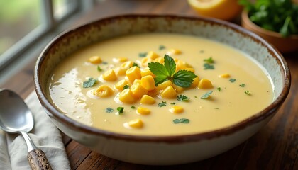 Serving Corn Soup in Bowl with Garnish on Wooden Table
