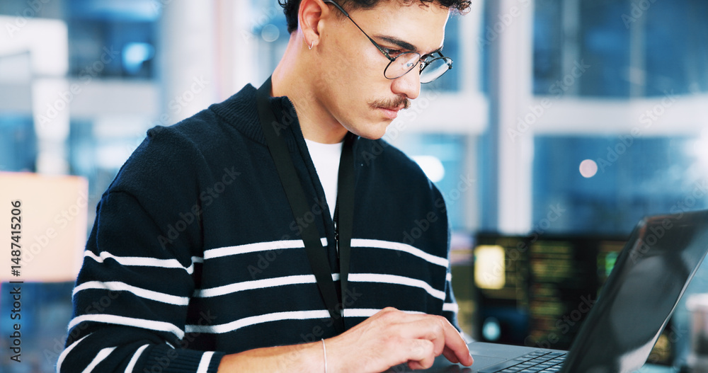 Aufkleber Man, developer and typing on laptop in office for programming, coding software and server update. Male person, online and pc testing with IT research, website application and troubleshooting system