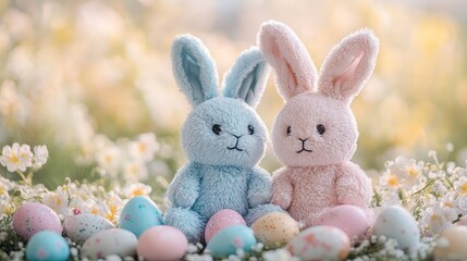 Obraz premium Plush Bunny Toys Surrounded by Colorful Easter Eggs in Spring Setting