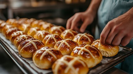 Freshly Baked Buns on Tray with Perfectly Glazed Golden Crusts