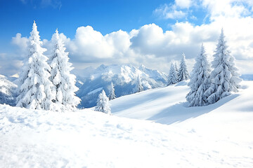 Winter wonderland scenic snow covered pine trees with majestic mountains in background under a sunny blue sky