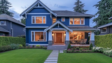 Two-story blue house with white trim and steep gable roof, large front windows, wooden door, stone pathway to porch with seating, green lawn, trimmed shrubs, tall trees, twilight sky
