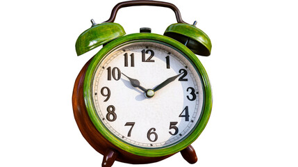 Green analog alarm clock, time reminder object, isolated, cut out transparent