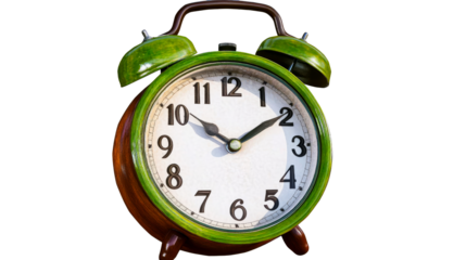 Green analog alarm clock, time reminder object, isolated, cut out transparent