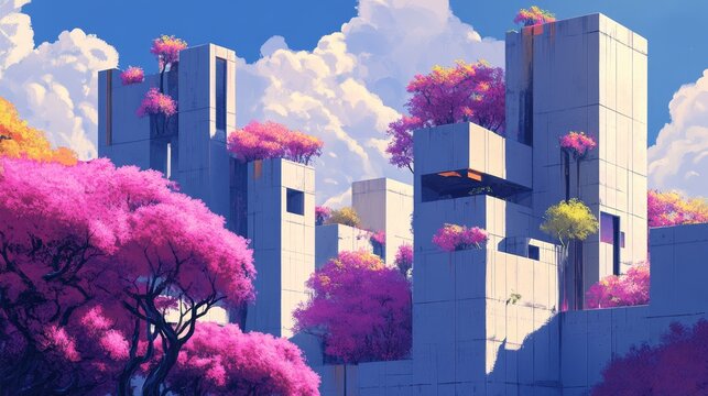 Digital art of abstract buildings with pink trees under a cloudy blue sky.