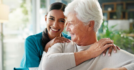 Medical, smile or support with old woman and nurse in living room of retirement home for wellness. Bonding, healthcare or visit with caregiver and senior patient in apartment for portrait or nursing