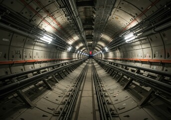 Obraz premium Underground Cable Tunnel A Long Perspective of Industrial Infrastructure, Showing Power Lines and Lighting
