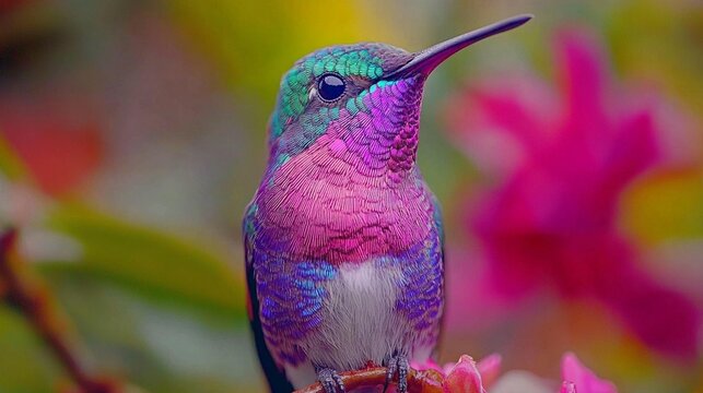 Vibrant hummingbird with iridescent plumage, perched on a blossom-filled branch.  Close-up view highlighting its colorful feathers against a backdrop of soft, blurred flowers - Powered by Adobe