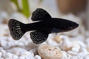 Black molly fish swims over rocks
