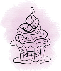 Elegant Line Art Cupcake with Watercolor Background