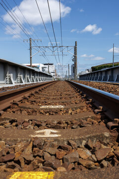 Railway tracks stretch into the distance under a clear blue sky, with power lines running parallel overhead. The perspective creates a sense of depth, emphasizing the long, straight path forward.